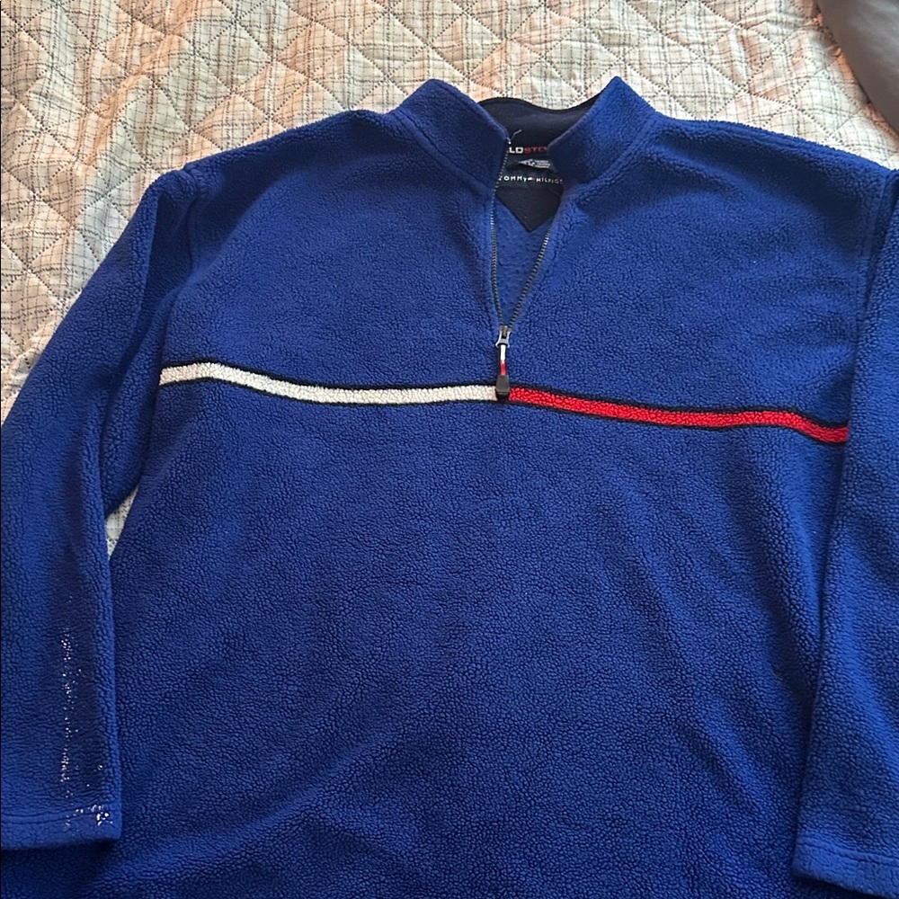 Tommy Hilfiger Men's Blue Zip-Up Sweater with Red and White Stripes